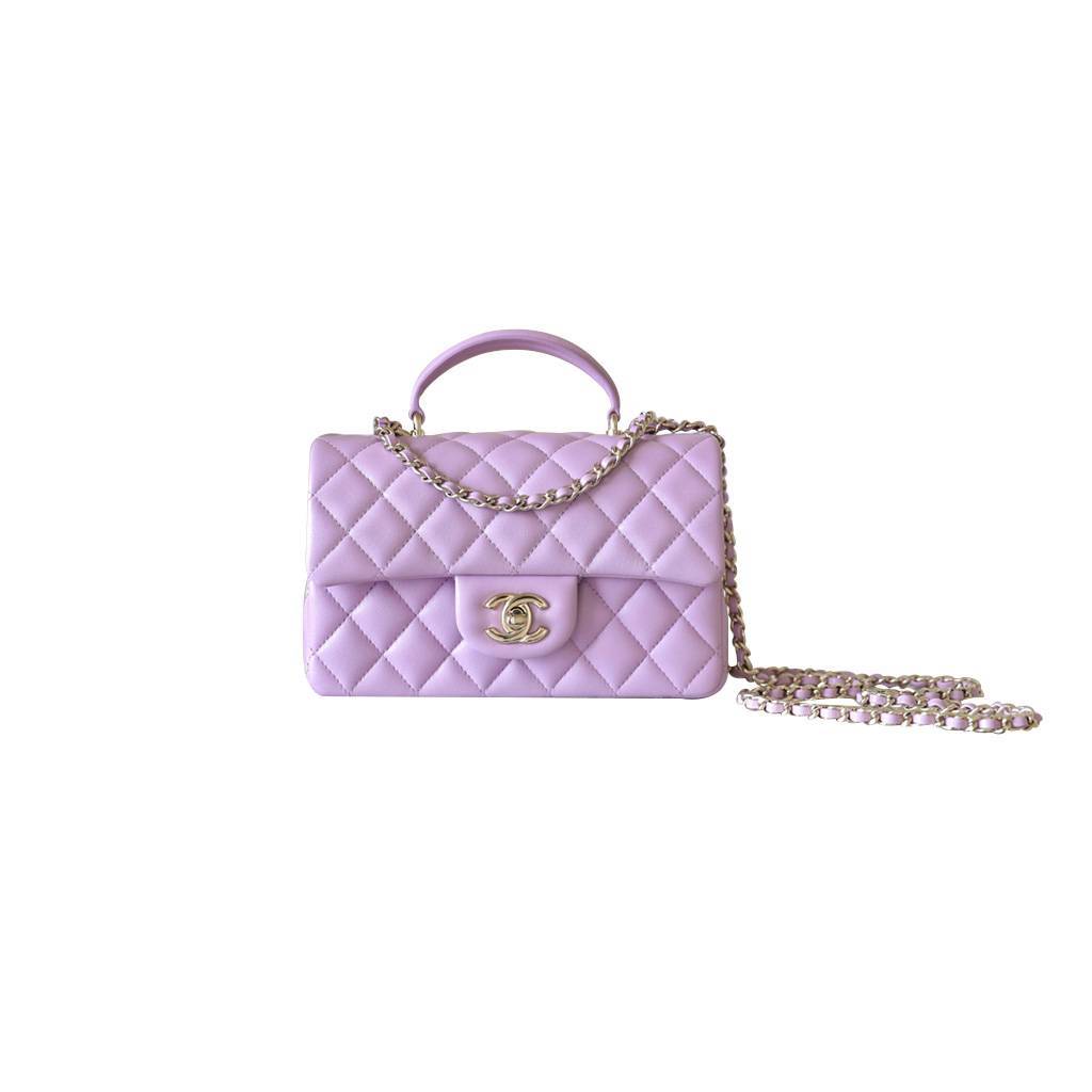 Ch*el master lambskin quilted mini top handle rectangular flap purple as2431 (20*12*6cm)